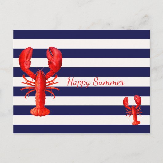 Vrolijke zomerblauwe witte strepen met rode kreeft briefkaart (Voorkant)