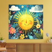 Vrolijke zon boven bloementuin canvas afdruk (Insitu (Woonkamer))