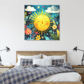 Vrolijke zon boven bloementuin canvas afdruk (Insitu (Slaapkamer))