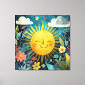 Vrolijke zon boven bloementuin canvas afdruk (Voorkant)