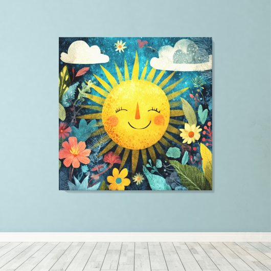 Vrolijke zon boven bloementuin canvas afdruk (Insitu (Houten vloer))