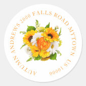 VROLIJKE ZONNEBLOEM BLOEM NAAM EN ADRES RONDE STICKER (Voorkant)