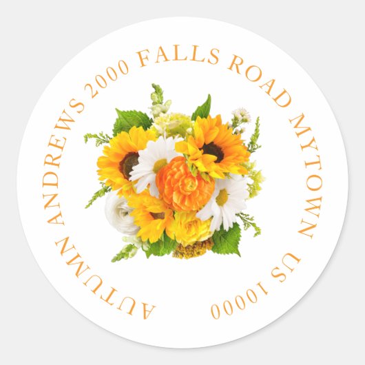 VROLIJKE ZONNEBLOEM BLOEM NAAM EN ADRES RONDE STICKER (Voorkant)