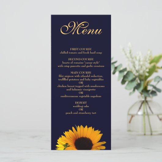 Vrolijke Zonnebloem in Navy Blue Dinner Menu (Staand voorkant)