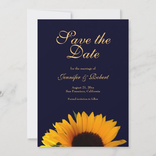 Vrolijke Zonnebloem Save the Date Navy Blue Kaart (Voorkant)