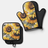 Vrolijke Zonnebloemen Pot Holder Ovenwant & Pannenlap Set (Voorkant / Achterkant)