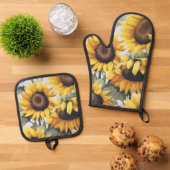 Vrolijke Zonnebloemen Pot Holder Ovenwant & Pannenlap Set (Top down)
