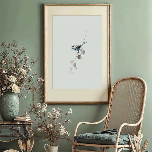 Vrolijke zwart-gekapte Chickadee Waterverf Art Poster