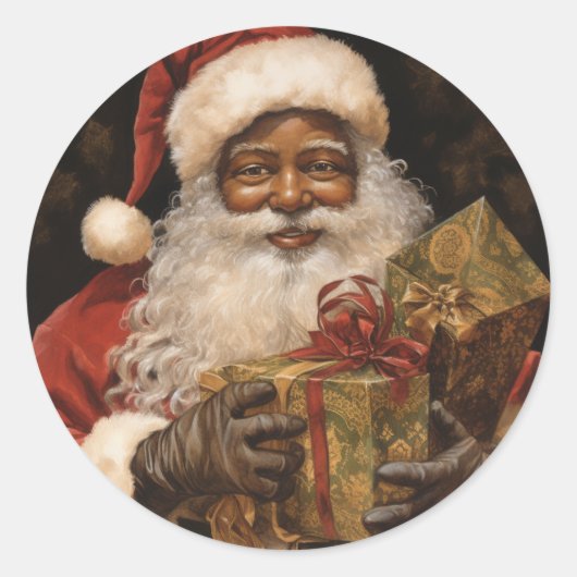 Vrolijke Zwarte Kerstman, Vrolijke Kerstmiswensen Ronde Sticker (Voorkant)