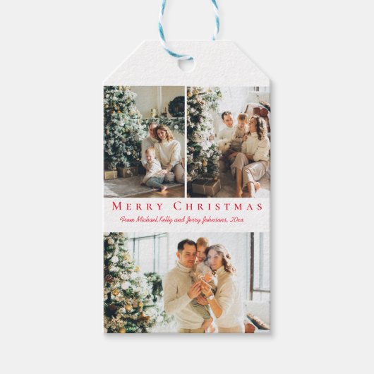vrome kerstmis rood script 3 foto ' s collage mode cadeaulabel (Voorkant)