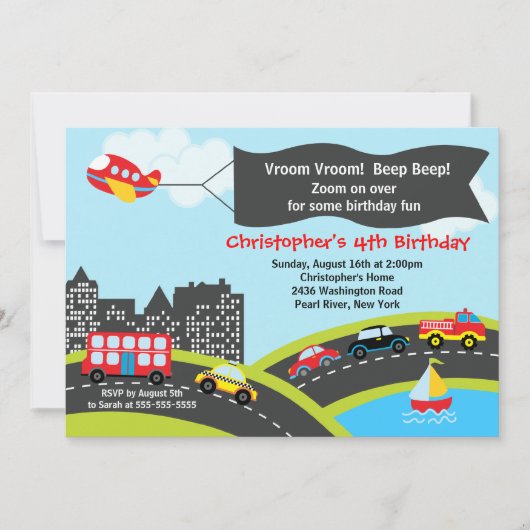 Vroom Beep Cars Birthday Party Invitation Kaart (Voorkant)
