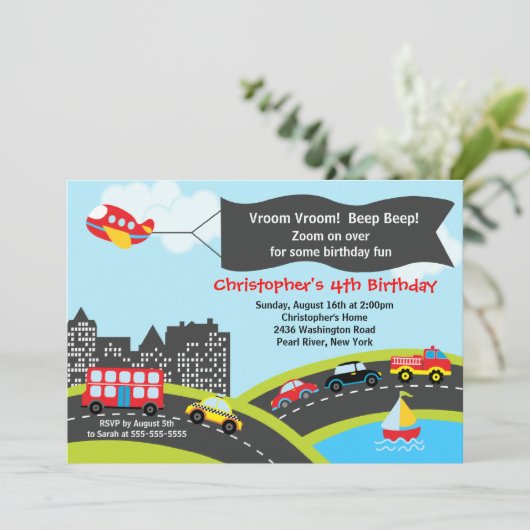 Vroom Beep Cars Birthday Party Invitation Kaart (Staand voorkant)