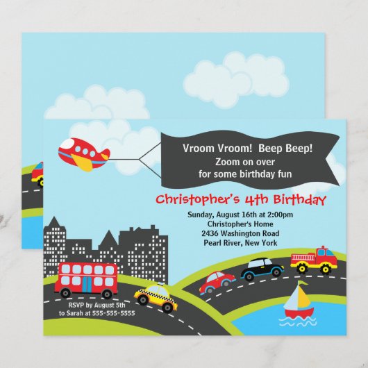 Vroom Beep Cars Birthday Party Invitation Kaart (Voorkant / Achterkant)