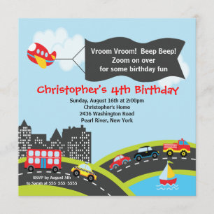 Vroom Beep Cars Birthday Party Invitation Kaart