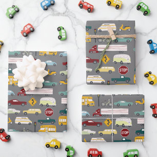 Vroom! Verkeerspatroon Auto's Vrachtwagens Bus Fie Inpakpapier Vel