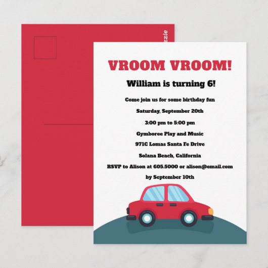 Vroom Vroom Cars verjaardagsfeestje uitnodiging (Voorkant / Achterkant)