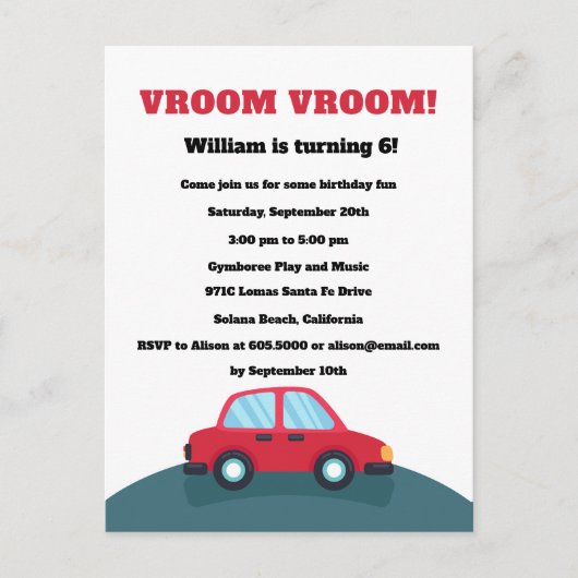 Vroom Vroom Cars verjaardagsfeestje uitnodiging (Voorkant)