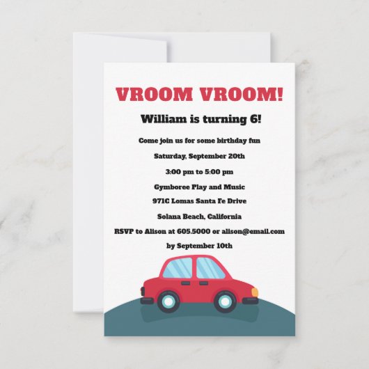 Vroom Vroom Cars verjaardagsfeestje uitnodiging (Voorkant)