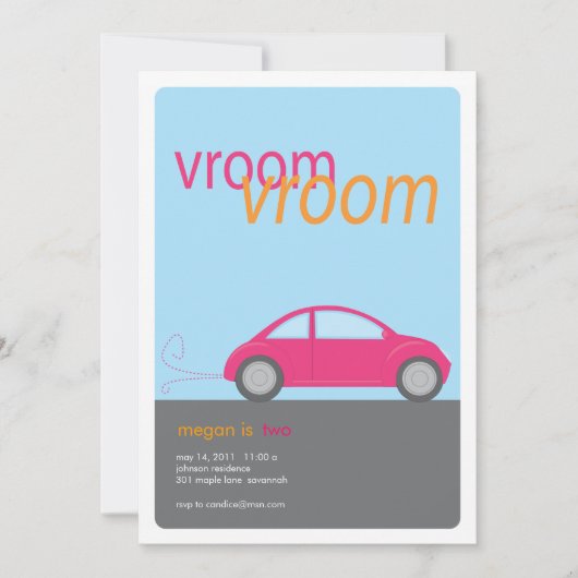 Vroom Vroom Meisje Auto Verjaardag Uitnodiging (Voorkant)