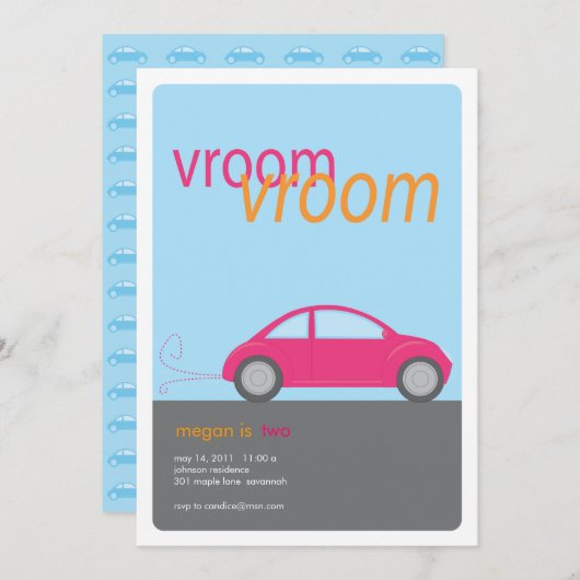 Vroom Vroom Meisje Auto Verjaardag Uitnodiging (Voorkant / Achterkant)