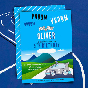 Vroom Vroom Racing Car op een Road Boy Birthday Kaart