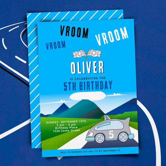 Vroom Vroom Racing Car op een Road Boy Birthday Kaart