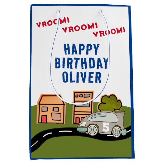Vroom Vroom Racing Road House Happy Birthday Medium Cadeauzakje (Voorkant)