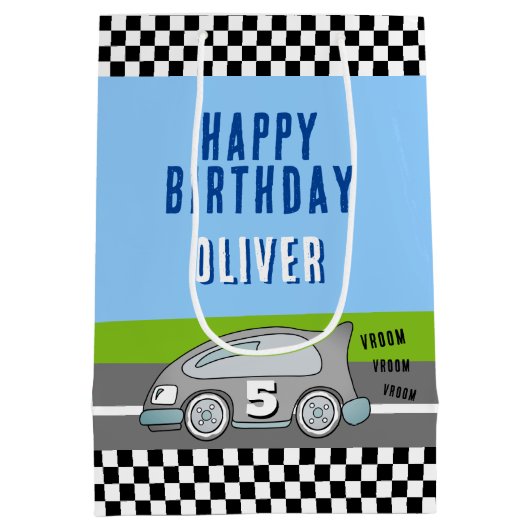 Vroom Vroom Racing Road Name Happy Birthday Medium Cadeauzakje (Achterkant)