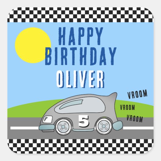 Vroom Vroom Racing Road Name Happy Birthday Vierkante Sticker (Voorkant)