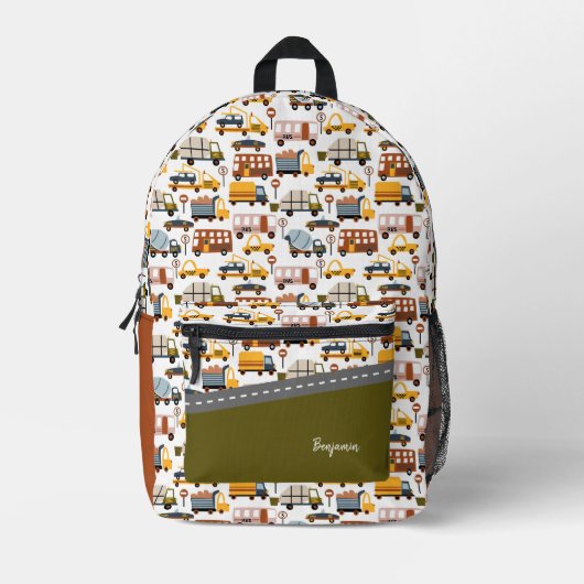 Vroom. Vroom. Tjonge auto en vervoerspatroon Bedrukte Rugzak (Voorkant)