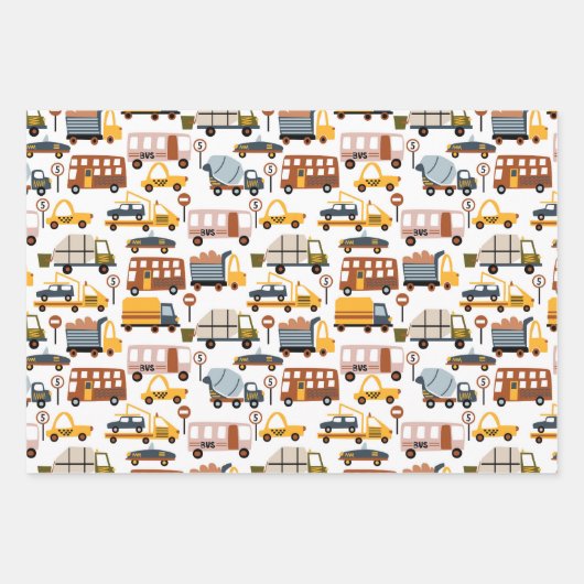 Vroom. Vroom. Tjonge auto en vervoerspatroon Inpakpapier Vel (Voorkant)