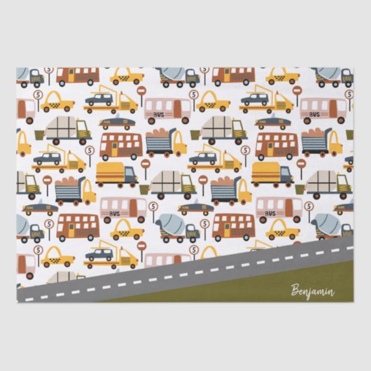 Vroom. Vroom. Tjonge auto en vervoerspatroon Tissuepapier (Voorkant)