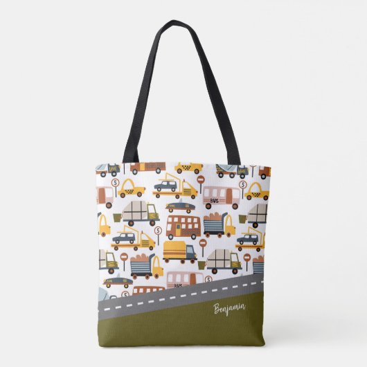Vroom. Vroom. Tjonge auto en vervoerspatroon Tote Bag (Achterkant)
