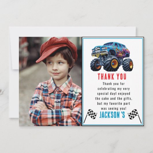 Vroom Zoom Monster Truck Boom | 1e verjaardag Bedankkaart (Voorkant)