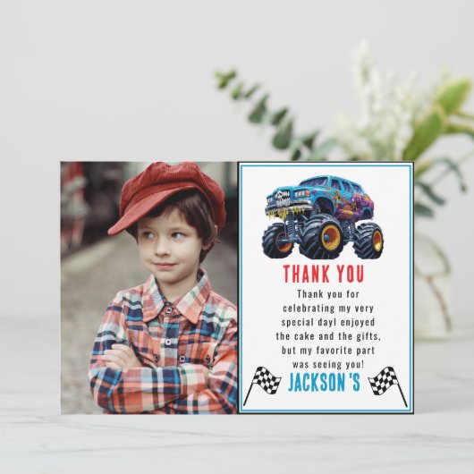 Vroom Zoom Monster Truck Boom | 1e verjaardag Bedankkaart (Staand voorkant)
