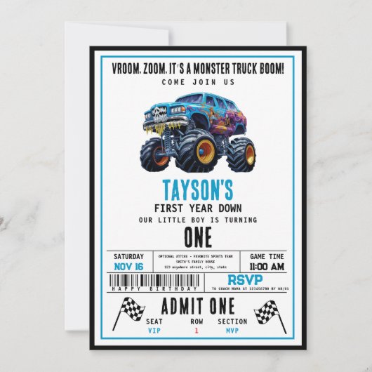 Vroom Zoom Monster Truck Boom | 1e verjaardag Kaart (Voorkant)