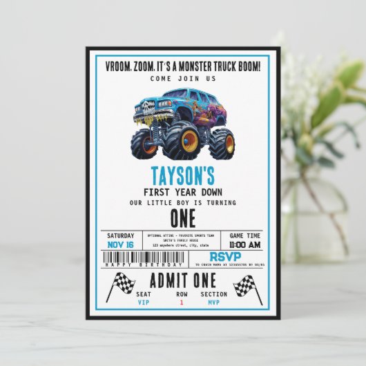 Vroom Zoom Monster Truck Boom | 1e verjaardag Kaart (Staand voorkant)