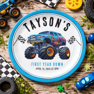 Vroom Zoom Monster Truck Boom   1e Verjaardagsfees Papieren Bordje