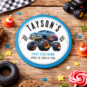 Vroom Zoom Monster Truck Boom   1e Verjaardagsfees Ronde Sticker
