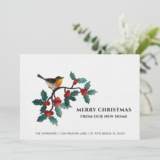 Vrory kerst New Home Cute Bird Holly Berries Feestdagenkaart (Staand voorkant)