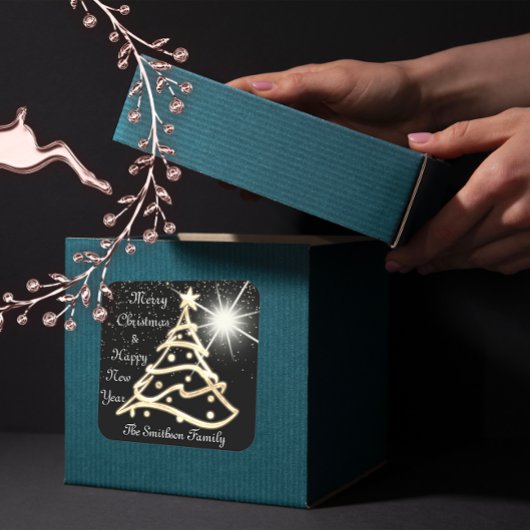 Vrory kerstboom Happy Nieuwjaar Gold Black Vierkante Sticker