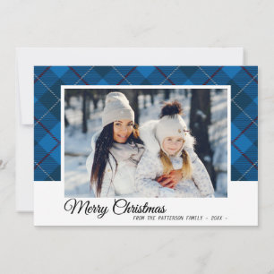 Vrory kerstfamilie Foto Blue Tartan Style Kaart