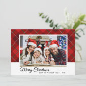Vrory kerstfamilie Foto Red Tartan Style Kaart (Staand voorkant)