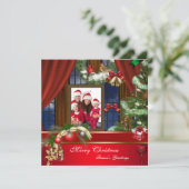 Vrory kerstfamilie Foto rood groen venster Feestdagenkaart (Staand voorkant)