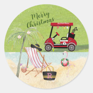 Vrory kerstgolf Cart Beach Monogram Naam Ronde Sticker