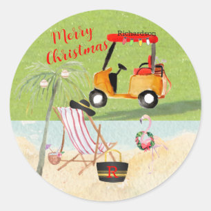 Vrory kerstgolf Cart Beach Monogram Naam Ronde Sticker