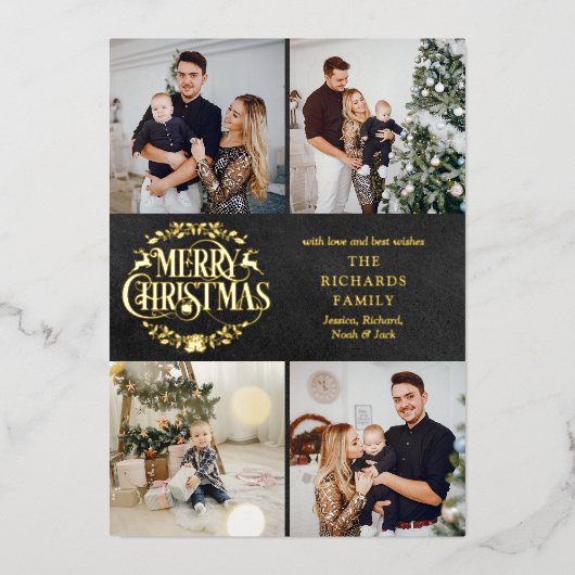 Vrory Kerstmis 4 Foto Collage Chalkboard Gold Folie Feestdagenkaart (Voorkant)