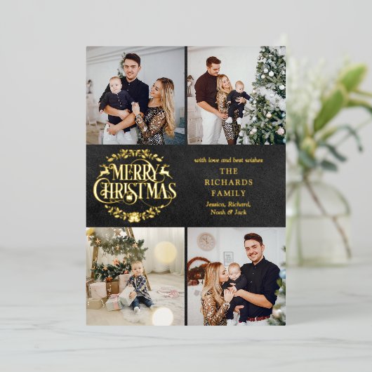 Vrory Kerstmis 4 Foto Collage Chalkboard Gold Folie Feestdagenkaart (Staand Voorkant)