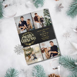 Vrory Kerstmis 4 Foto Collage Chalkboard Gold Folie Feestdagenkaart<br><div class="desc">Een stijlvolle,  echte goudfolie met vier fotocollage-vakantiemogelijkheden die u kunt aanpassen met uw favoriete foto's,  berichten,  namen en jaar op een achtergrond op het bord. De achterkant heeft betrekking op vallende sneeuwvlokken op een passende achtergrond van het bord. Ontworpen door: Thisnotme©</div>