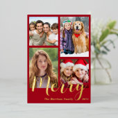 Vrory Kerstmis 4 Foto Rood Folie Feestdagenkaart (Staand Voorkant)